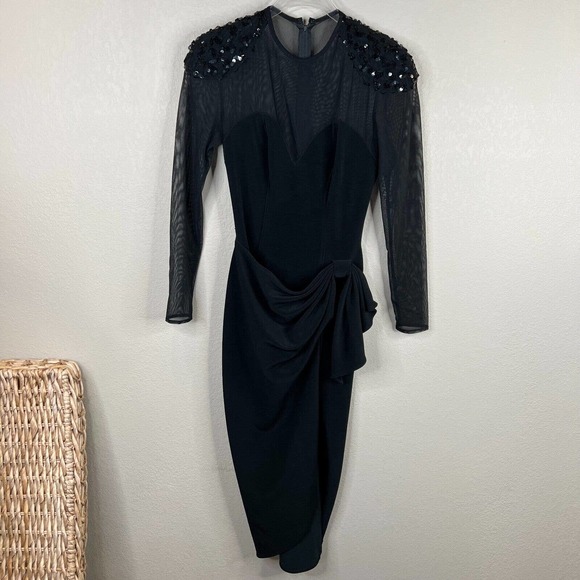 Vintage Betsy & Adam Evening Dress Medium Black Long Sleeve Draped Sequined Prom - Picture 1 of 15